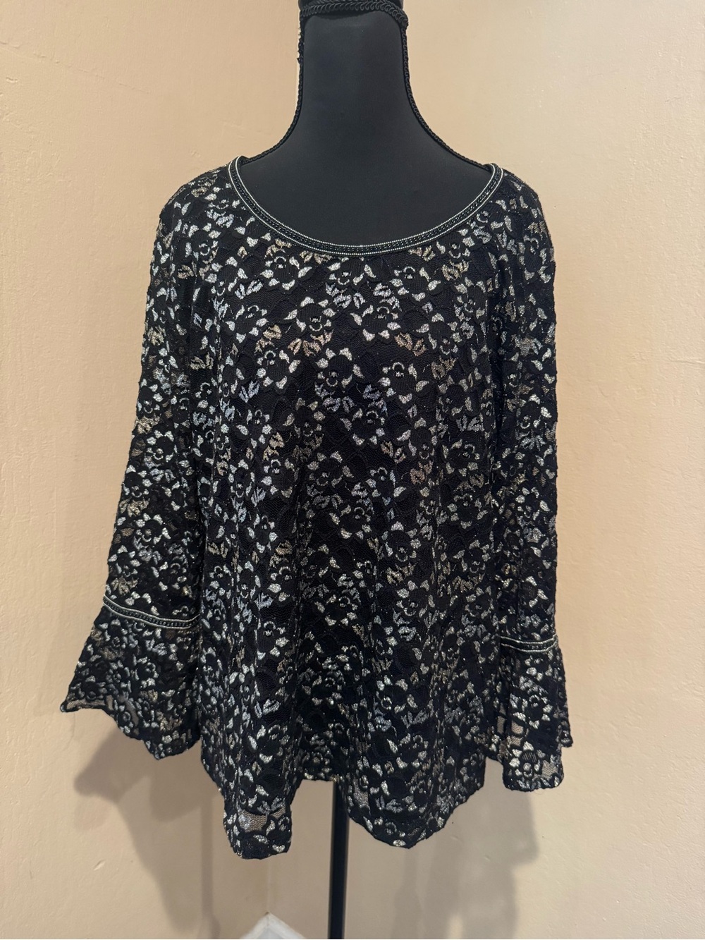Black Scoop Neck Blouse w/ Sparkly Silver & Bronze Floral Lace Overlay, NWT, L